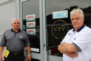 Bill Lacy (left) of IMG Media with Barry Johnstone of CTV OB outside of the ESPN Open control room facility in Muirfield.