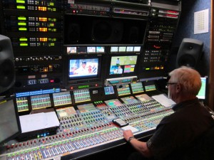 Denis Stevenson riding the desk in CTV OB4 during The Ashes at Trent Bridge.