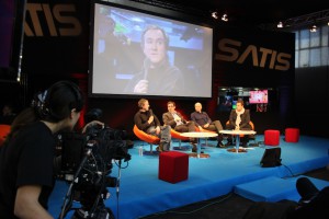 Picture caption: Satis conference on sports production, featuring (left to right): Hervé Piquand (AMP VISUAL TV), Didier Gault (Grass Valley), Francis Tellier (HBS) and Stéphan Faudeux (host). 