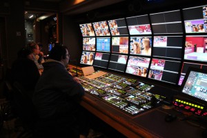 Inside Euro Media France’s 741 OB truck, Françoise Boulain and Xavier Demuytter took turns to produce the international feed.