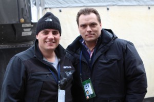 Jason Taubman of Game Creek Video (left) with Mike Davies of Fox Sports prior to Super Bowl XLVIII.