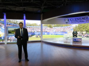 Sky Sports Presenter David Livingston has plenty of space to roam and a great view of the first tee in the channel's Ryder Cup studio.