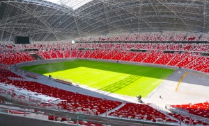 The installation at multi-sport facility Singapore Sports Hub incorporates Dante-based audio networking enabled by 85 Symetrix SymNet Edge DSPs, including 43 in the National Stadium pictured here.