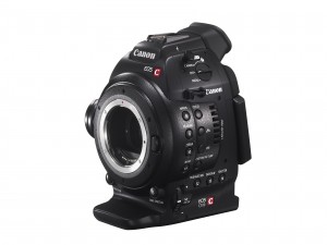 The Canon EOS C100 interchangeable-lens digital cinema camera.