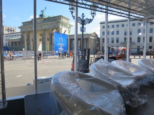 A look from inside the new portable Sky Deutschland Studio shows just how great of a view it affords of Brandenburg Gate in Berlin.