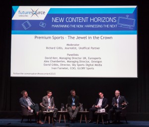 (L to R) Richard Gillis, David Kerr, Alex Chamberlen, David Gibbs and Ivan Farneti discuss the role of premium sports in driving new forms of content creation and distribution. (Image credit: Nicky Price)