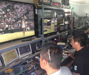 NHK personnel preparing the 8K feed at Wimbledon on 1 July 2015.