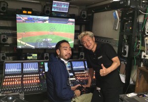 Kazutaka Noda (right) and the show’s A1 inside the audio production trailer