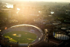 An aerial view of play between England and India from the MRF blimp during the npower Fourth Test at The Kia Oval, London.