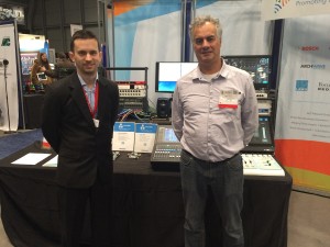 Media Networking Alliance's Will Hoult (left) and Kevin Gross in front of the AES67 demo. [Photo: David Davies]