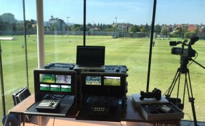 Dual-flight-cased production system in Cricket Ireland control room at the YMCA club in Sandymount, Dublin