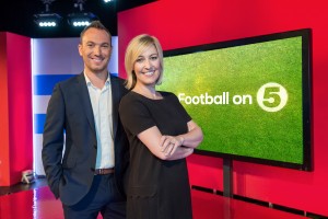 George Riley and Kelly Cates anchor Channel 5's Football League Tonight show