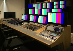 The new Custom Consoles' Module-R desk and one of two new Media Walls at BBC S&PP