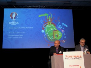 UEFA digital media solutions manager Oliver Gaches and TV transmission manager Nicolas Deal at Football Production Summit, 23 March, 2016.