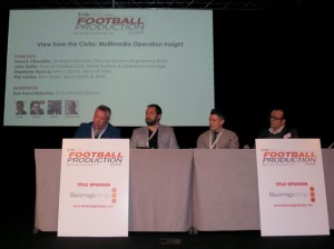 Franck Chevalier (Limelight Networks), John Dollin (Arsenal Football Club), Stephane Hourcq (Netco Sports) and Phil Ventre (Ross Video) during the View From the Clubs: Multimedia Operation Insight panel at Football Production Summit, 23 March 2016.