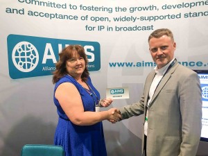 Broadcast Solutions joined AIMS at NAB 2016. Left to right: Tina Lipscomb (AIMS Administrator), Rainer Kampe (CTO Broadcast Solutions)