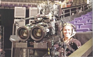 Camera operator Deena Sheldon with a PACE 3D camera rig in 2009, capturing NBA All-Star Saturday Night