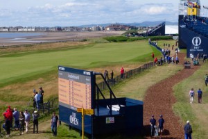 View of the first hole (with the town of Troon in the background) from the Sky Sports on-course studio