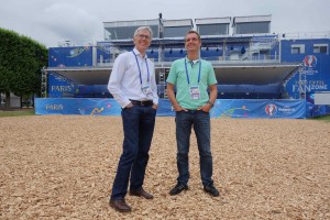 BBC Sport Technical Executive Charlie Cope (left) and UEFA EURO 2016 FAN ZONE Paris Director of TV Studios & Media Base Joachim Wildt, June 28
