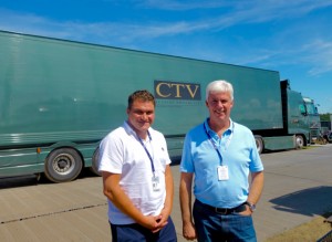 Sky Sports' Jason Landau (left) and Keith Lane in the TV Compound at the 145th Open Championship in Royal Troon