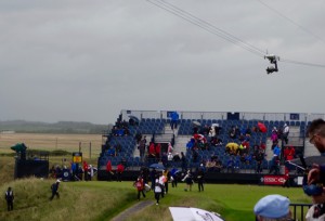 The CAMCAT cable camera can follow alongside the players as they walk from the tee to the green on the eighth hole.