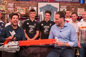 Rugby Tonight 19-10-15: presenters Craig Doyle (left) and Martin Bayfield in action