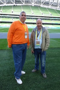 ESPN remote production operations director John LaChance (left) and NEP Ireland managing director Alan Burns pitch-side at the Aviva Stadium