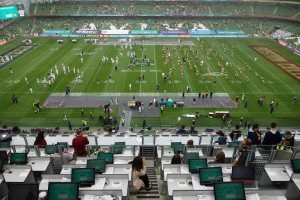 View from Aviva Stadium Media Tribune of Georgia Tech (left) and Boston College squads warming up for the game