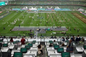 View from Aviva Stadium Media Tribune of Georgia Tech (left) and Boston College squads warming up for the game