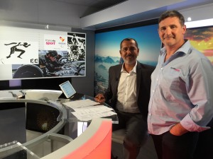 Kader Boudaoud, journalist and Frédéric Gaillard, head of production for France Télévisions on the set used during the Paralympics