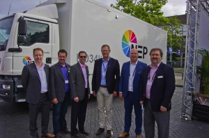 Left to right in front of NEP’s new HD34K: JP van Welsem, VP sales and marketing, EMEA, Grass Valley; Marcel Koutstaal, SVP and GM of camera product group, Grass Valley; Scott Rothenberg, SVP of technology and asset management, NEP Group; Paul Henriksen, president, NEP Broadcast Services Europe; Leo Smeding, sales manager, Benelux, Grass Valley; and Steve Stubelt, SVP, sales and marketing communications, Grass Valley