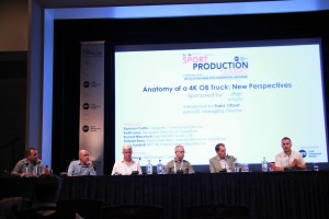 Sport Production Summit, 8 September 2016: (L to R): Dafydd Rees, Eamonn Curtin, Keith Lane, Ronald Meyvisch, John Turnbull and Will Strauss discuss the current – and next generation – of IP trucks. [Image: Will Strauss]
