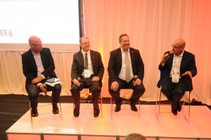 At SVG’s TranSPORT conference, (from left) SVG’s Ken Kerschbaumer, Fox Networks’ Thomas Edwards, Ericsson’s Matthew Goldman, and AT&T Entertainment Group’s Philip Goswitz discussed the state of 4K/UHD transmission and distribution
