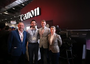 Warren Taggart, Managing Director, ES Broadcast Hire; James Burwood, Pro Product Manager, Canon UK; Edward Saunders, CEO, ES Broadcast; and Rebecca Knight, Key Account Manager, Canon UK, alongside the Canon UHD DIGISUPER 27 (UJ27) lens at this month’s BVE 2017 trade show in London