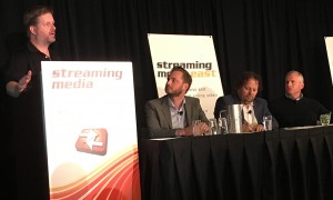The ‘Establishing Parity Between Online Video and Broadcast Television’ panel at Streaming Media East: (from left) moderator Jason Thibeault of the Streaming Video Alliance, Viaplay’s Andreas Engde, Akamai’s John Bishop, and Fox Sports’ Clark Pierce