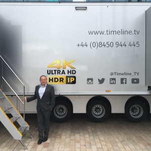 Timeline Television MD Daniel McDonnell in front of the new UHD2 truck, MediaCityUK, Salford, 16 May 2017. (Photo: David Davies)
