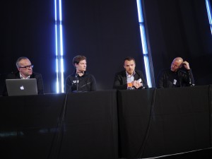 On the panel (L/R): David Davies, SVG Europe; Nicolaas Westerhof, Beyond Sports; Mark Bowden, ChyronHego; and Henk van Meerkerk, Fox Sports NL
