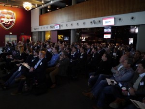 View of large crowd attending SportTech 2017 at Arsenal Football Club June 7