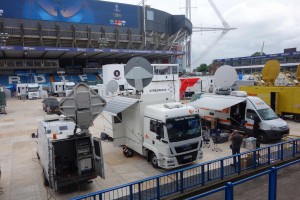 View of trucks parked in the TV Compound on the Cardiff Arms Park pitch, Friday June 2
