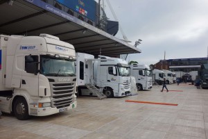 OB trucks lined up in the TV compound, on the pitch of Cardiff Arms Park