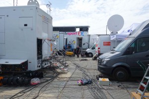 Cables everywhere: View inside the Nuits-Saint-George TV compound, where trucks spend roughly 18 hours before driving to next Stage finish