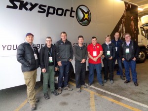 Sky Sport’s crew in New Zealand included (left to right): Andy Williams, Audio Supervisor, OSB; Mark Ledwidge, Sound Mixer, Sky Sports; Bjorn Reymer, OSB Guarantee; Rob MacDonald, OSB Comms Engineer; Gordon Roxburgh, Technical Manager, Sky Sports; Mary Graham, Commentary Guarantee; Adam Dransfield, Presentation Guarantee; and George Griffiths, Production Manager, Sky Sports